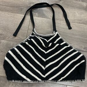 Black and White Striped Knit Halter Bikini Top